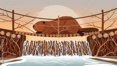 Creative Beaver Dam Building Design And Engineering For Cartoon Illustration Scenery
