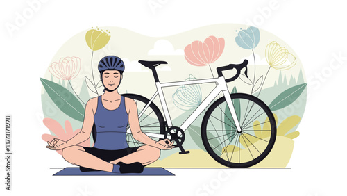 Cycling Serenity Woman Meditating Outdoors With Bicycle And Floral Background