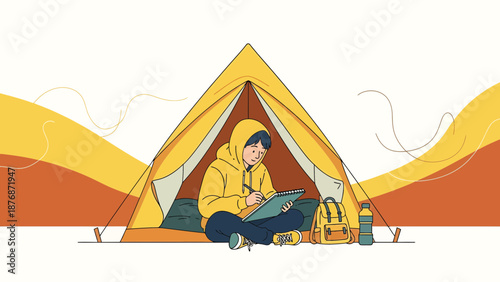 Creative Camper Sitting Inside Tent Writing Or Drawing And Enjoying Nature