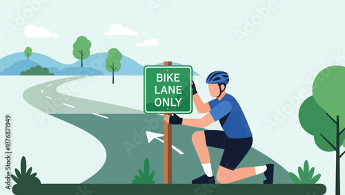 Cyclist At Bike Lane Sign Promoting Safe Outdoor Recreation Area