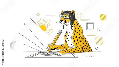 Creative Cheetah Drawing Masterpiece With Aviator Hat And Golden Pencil