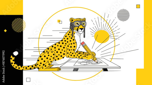 Creative Cheetah Illustrator Wearing Goggles Draws On An Easel With Pencil