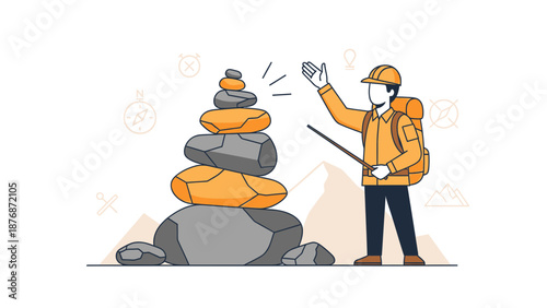 Creative Illustration Of A Hiker Balancing Stones In Mountain Scenery Environment