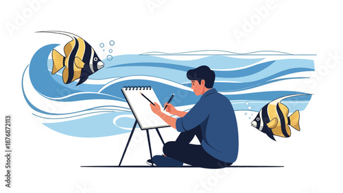 Creative Illustration Of Young Man Painting Fish On Canvas Near the Ocean