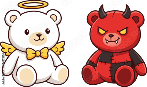 Cute angel and devil teddy bear cartoon characters illustration showing good versus evil concept, perfect for children designs, fantasy themes, mascots, stickers, and playful storytelling artwork