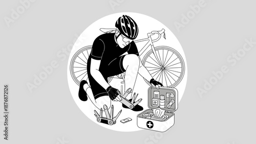 Cyclist Maintaining Bicycle Roadside with Tools and First Aid Kit Outline