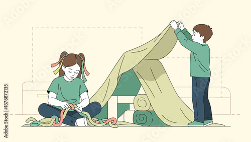 Creative Kids Building Cozy Home Tent For Fun Playtime Together At Home