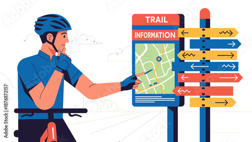 Cyclist Planning Route Using Trail Map And Directional Sign On Adventure Trip