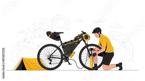 Cyclist Prepares For a Journey Inflating Tire on Tour Beside Tent