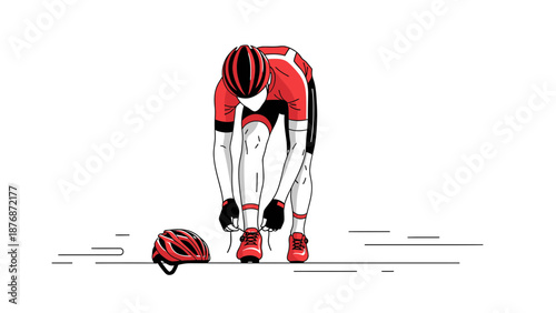 Cyclist Preparing For A Race Tying His Shoes And Placing His Helmet