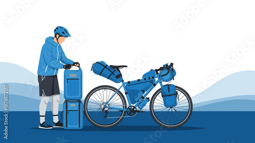 Cyclist Preparing For Adventure Journey With Fully Loaded Touring Bicycle