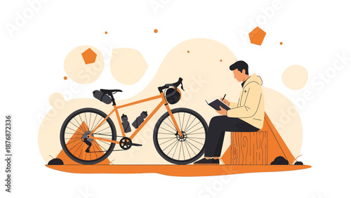 Cyclist Taking A Break To Jot Down Thoughts During An Outdoor Adventure Trip