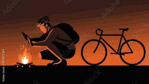 Cyclist Warming Hands By Campfire After Adventure Ride At Dusk