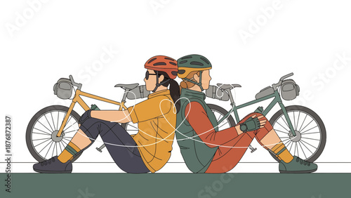 Cyclists Resting Back To Back After Long Trip On Isolated White Background