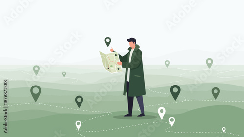 Discovering Routes Man With Map Navigation App Concept For Travel Adventure