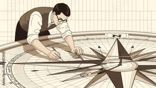 Dedicated Navigator Precisely Mapping Direction with Compass Rose Accuracy Detail