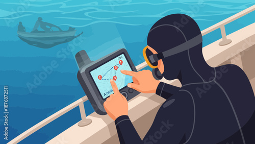 Diver Planning Underwater Expedition with GPS Device on Vessel Exploring Marine Life