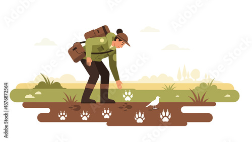 Dedicated Wildlife Tracker Following Paw Prints In Order To Find The Animal