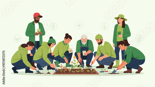 Diverse Community Growing Plants And Vegetables Together In A Garden Project