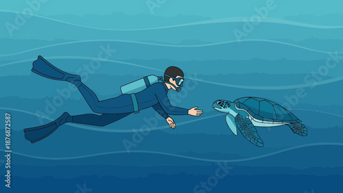Deep Blue Encounter Scuba Diver Meets Sea Turtle Underwater Adventure Concept