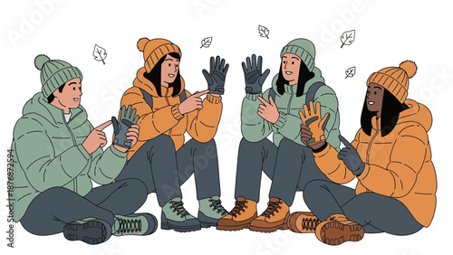 Diverse Friends Enjoying Autumn Outdoor Activity Testing Winter Gloves Together
