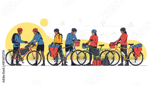 Diverse Group Prepares For Long-Distance Bicycle Touring Adventure Near Rolling Hills