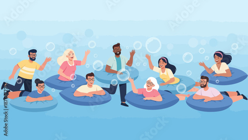 Diverse Group Relaxing On Floats In Blue Water With Bubbles Illustration