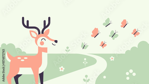 Delightful Cartoon Deer Gazing At Fluttering Butterflies In A Serene Landscape