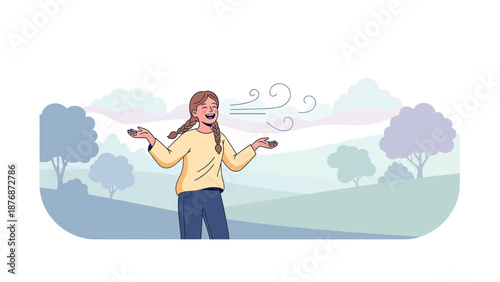 Delighted Woman Feels the Breeze on Her Face Enjoying Freedom Outdoors