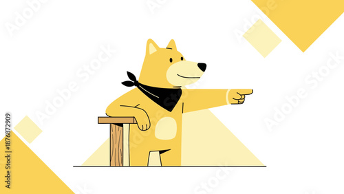 Dog Character Cartoon Illustration Pointing Direction With A Handkerchief And Geometric Shapes