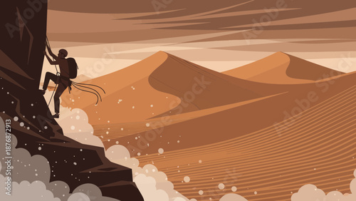 Desert Ascent Adventure Man Climbing Rock Silhouette Mountain Landscape