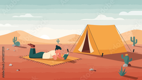 Desert Escape Woman Reads Book Near Tent Camping Under Open Sky