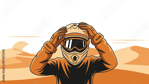 Desert Biker Puts on Helmet in Sand Dunes Landscape Illustration