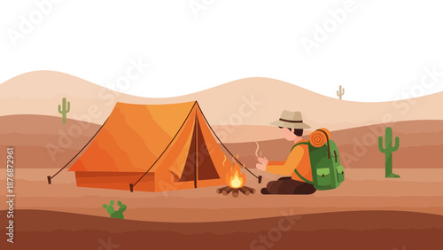 Desert Expedition: A Lone Hiker Camped Near A Bonfire After A Long Day