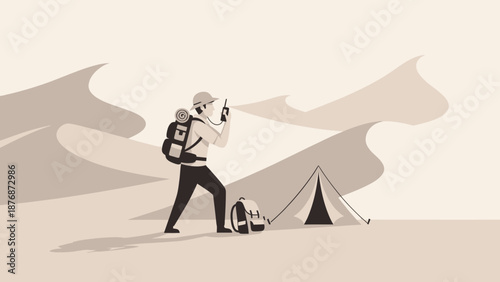 Desert Explorer Communicating Near Campsite In Flat Design Style Illustration