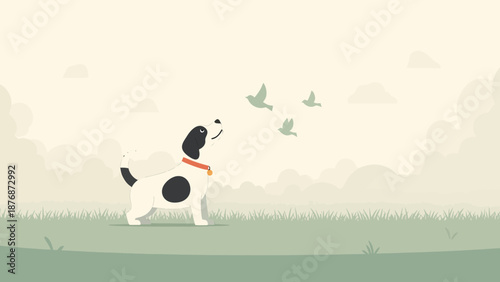 Dog Watching Birds Flying In A Minimalist Background Landscape Vector Illustration