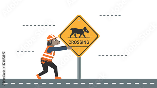 Dog Worker Installing A Yellow Dog Crossing Road Sign On The Street