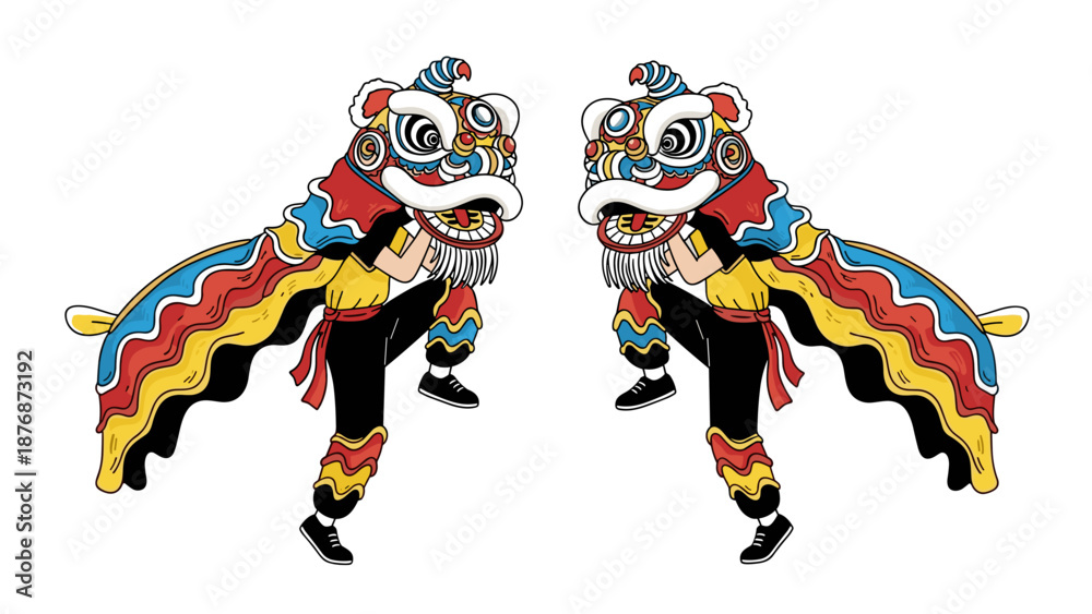 Fototapeta premium Dynamic Chinese Lion Dance Performance Vector Illustration
