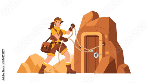 Determined Explorer Woman Unlocks Ancient Ruined Tomb with Rope