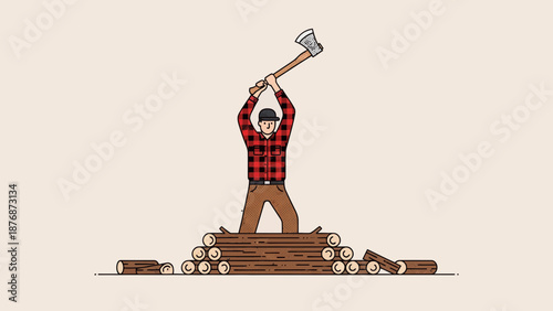 Determined Lumberjack Chopping Wood Ready To Split Logs With An Axe