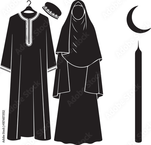 Traditional islamic clothing for men and women with crescent moon symbol