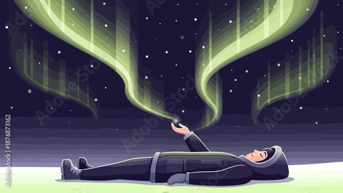 Dreaming Under Aurora Borealis Serene Night Landscape With Lying Person