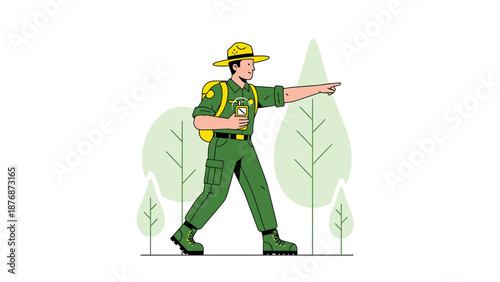 Determined Park Ranger Points The Way During A Forest Tour
