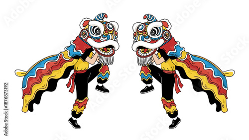 Dynamic Chinese Lion Dance Performance Vector Illustration