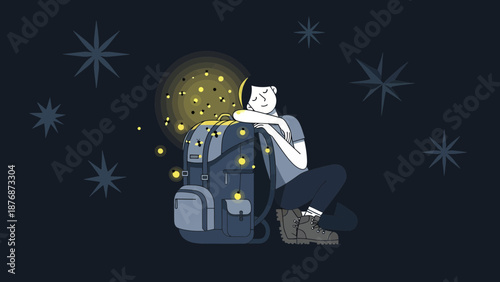 Dreamy Night Hiker Resting Against Backpack Under Starry Sky Illustration