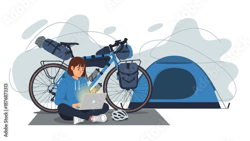 Digital Nomad Woman Working On Laptop During Bicycle Camping Adventure Trip