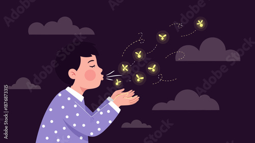 Dreamy Night Illustration Of A Boy Blowing Fireflies Towards The Sky
