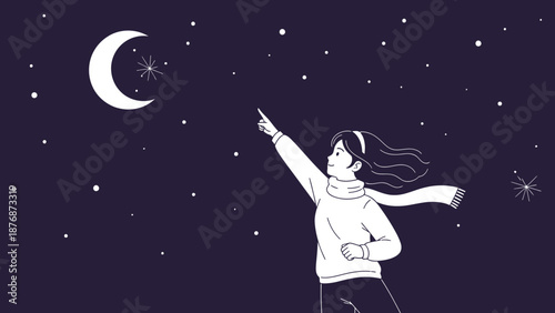 Dreamy Night Illustration Of Woman Gazing At Crescent Moon And Stars