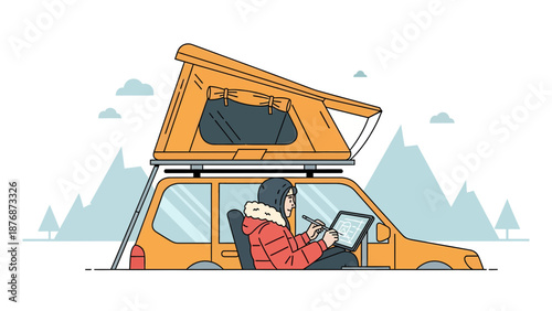Digital Nomad Working Remotely With Car Tent During Winter Adventure