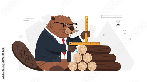 Diligent Beaver Architect Measuring Timber with Precision in Formal Attire